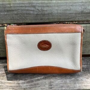 Vintage 80s Dooney & Bourke All Weather Leather Clutch Bag Cream Tan USA Made‎